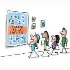 Quatre élèves marchent dans les couloirs de leur école. Ils regardent ensemble une affiche sur laquelle est inscrit : "Charte de la laïcité".