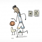 Illustration représentant le joueur de basket-ball Victor Wembanyama dribblant avec un ballon de basket.