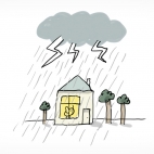 Illustration d'un orage au dessus d'une maison dans laquelle un personnage est à l'abris de la pluie et des éclairs.