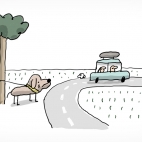 Illustration d'un chien abandonné au bord d'une route, attaché à un arbre. Il pleure en regardant la voiture de ses maîtres s'éloigner.