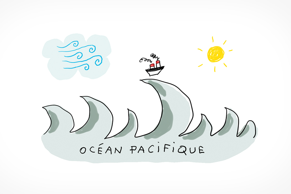 Une énorme vague dans l'océan Pacifique. D'un côté se trouve des nuages froids et de l'autre un soleil.