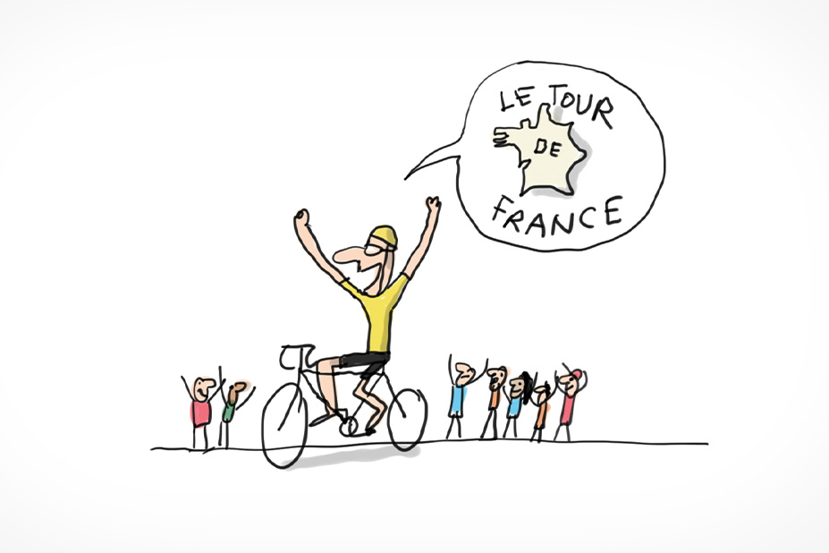 Un cycliste du Tour de France portant un maillot jaune lève les bras en signe de victoire. Il est acclamé par une foule de supporters.