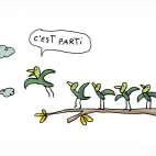 Des oiseaux prennent leur envole depuis la branche d'un arbre. Le premier dit "c'est parti".