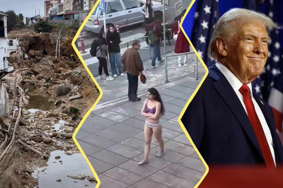 Image composée de 3 photos. À gauche, une vue de la ville de Xiva en partie détruite par l'inondation. Au centre, une vue de la jeune Iranienne en sous vêtements dans la rue. À droite, Donald Trump souriant.