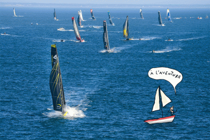 photo des monocoques au départ des Sables d'Olonne avec une illustration animée d'un personnage dans un petit bateau à voiles qui dit : "à l'aventure"