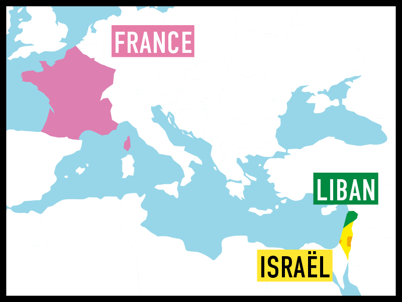 carte représentant la France, le Liban et Israël.