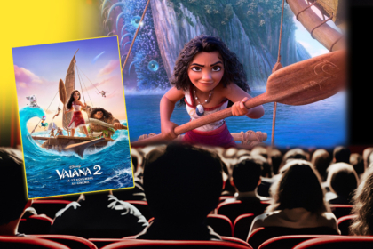 Affiche et visuel du film Vaiana 2, dans une salle de cinéma.