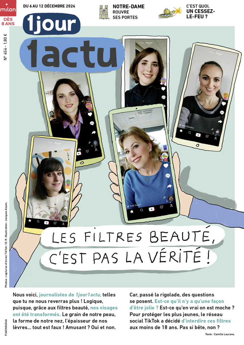 Couverture du journal. On voit des photos de cinq journalistes du journal qui ont été retouchées par des filtres beauté de tiktok.