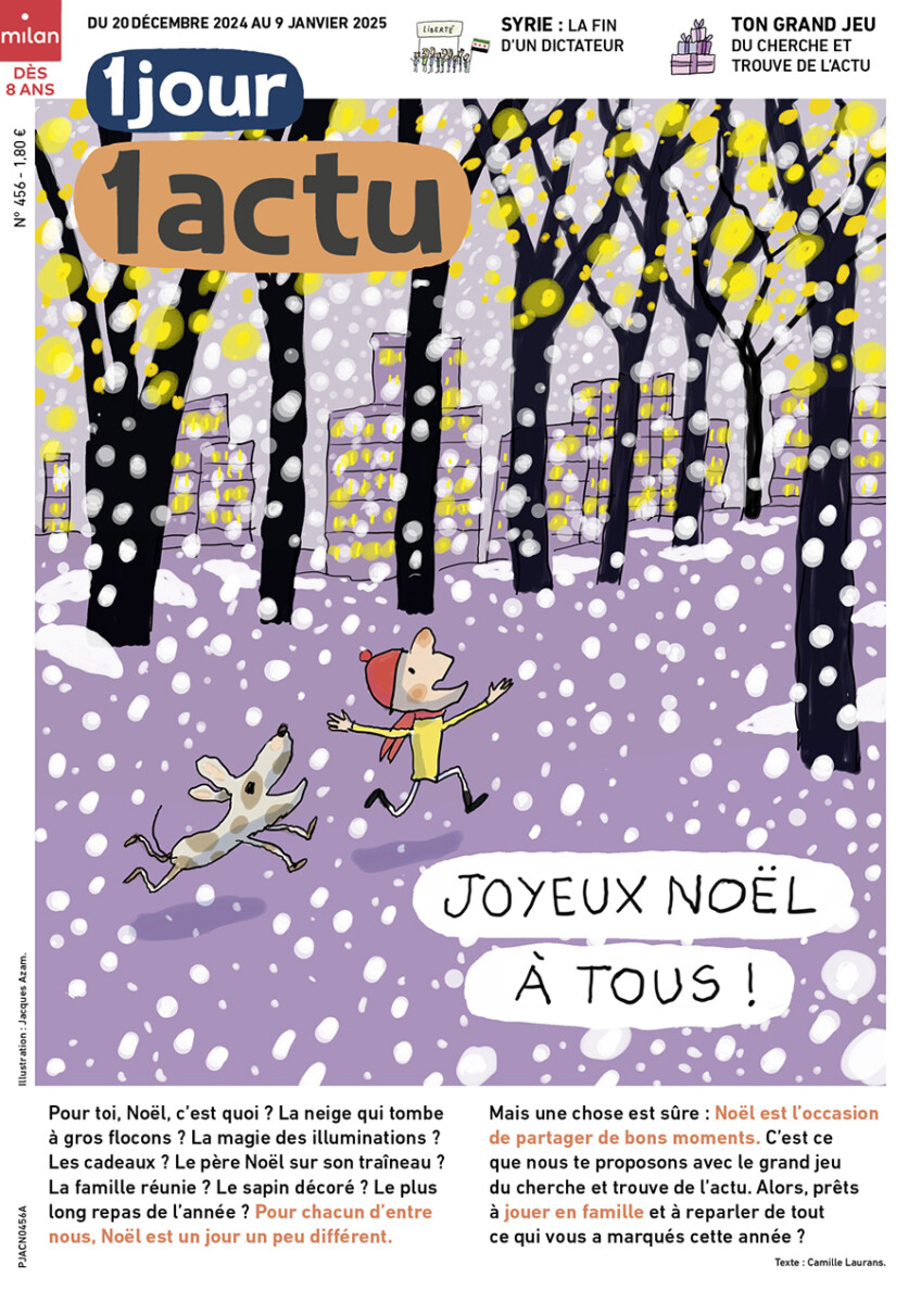 Couverture du journal 1jour1actu. Une illustration d'un enfant jouant avec son chien dans une foret enneigée. Le titre est 