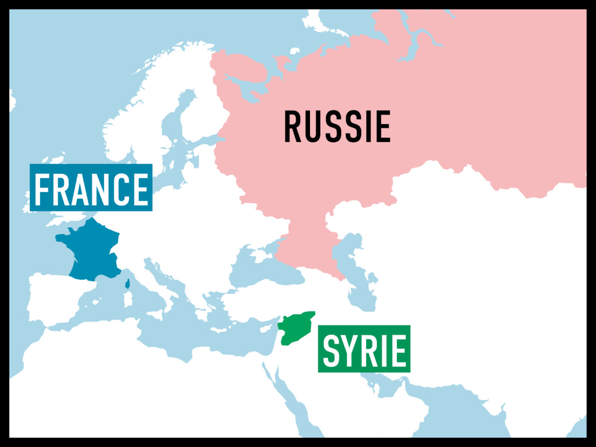 carte représentant la France, la Russie et la Syrie.