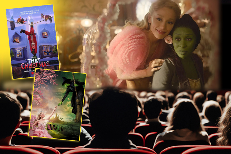 Affiche et photos des films Wicked et Ce Noël-là, dans salle de cinéma.