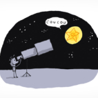 Un enfant regarde les étoiles dans un télescope. Une grosse étoile dans le ciel lui dit "coucou".