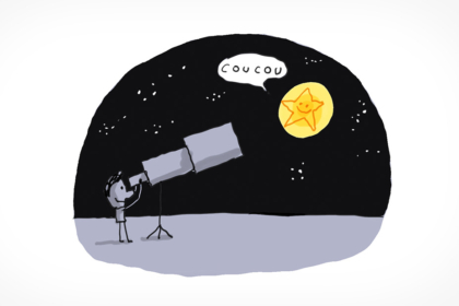 Un enfant regarde les étoiles dans un télescope. Une grosse étoile dans le ciel lui dit "coucou".