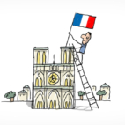 Un monsieur, perché sur une échelle, installe fièrement un drapeau français sur Notre-Dame de Paris.