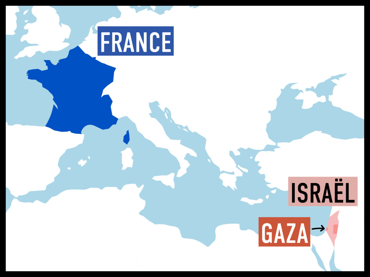 Carte positionnant la France, Israël et Gaza.