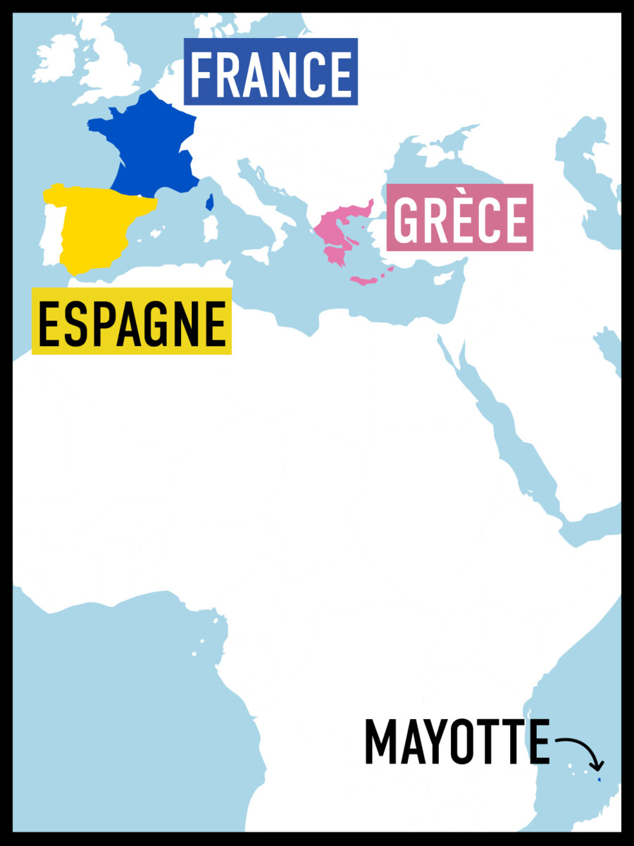 Carte positionnant la France, l'Espagne, la Grèce et Mayotte.