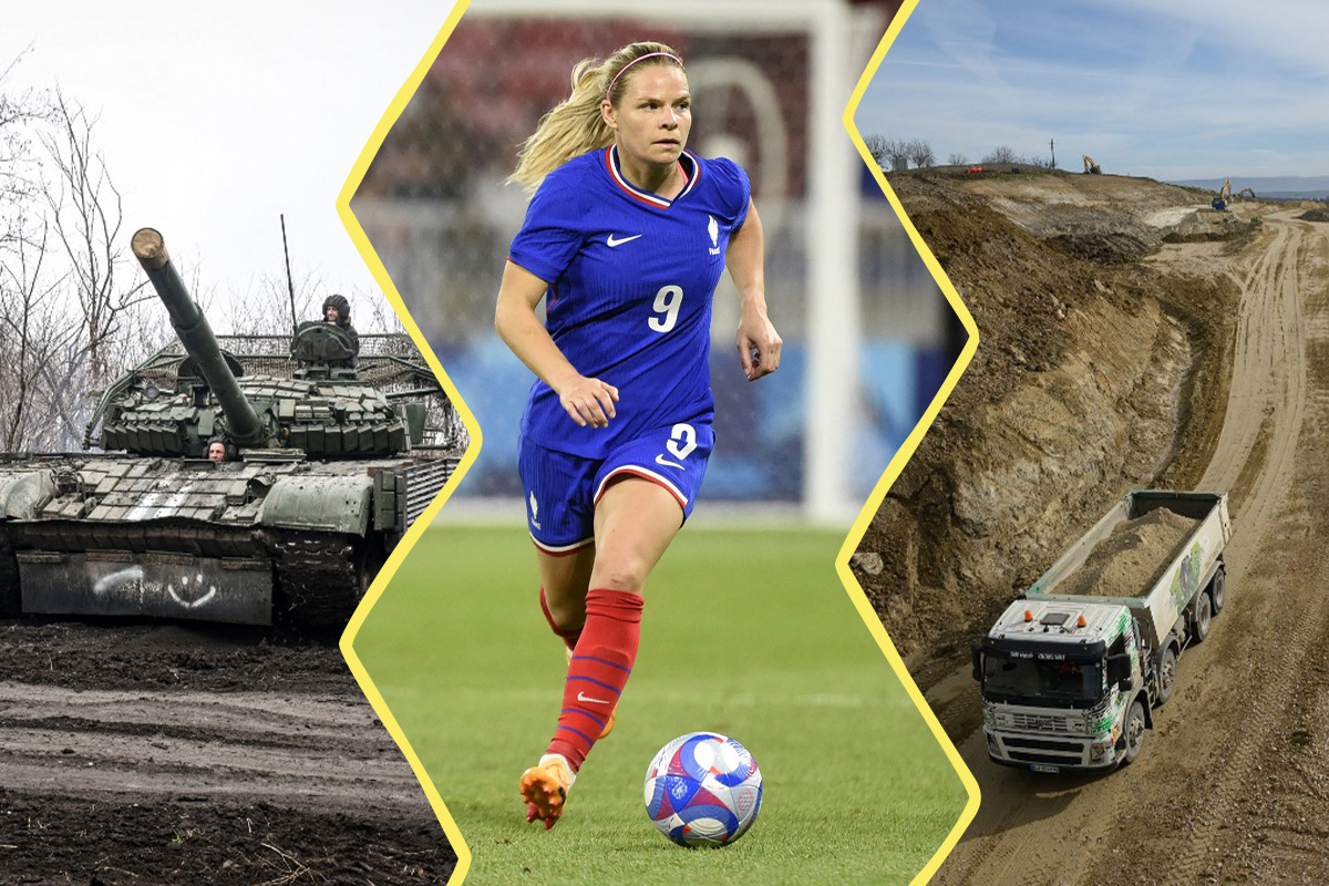 Image composée de 3 photos. À gauche : une photo d'un Tank ukrainien. Au centre : Eugénie le Sommer dribblant sur le terrain. À droite : une photo du chantier de l'A69.