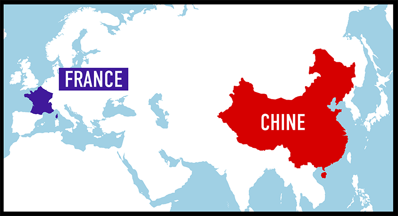 Carte montrant où se trouve la Chine par rapport à la France.