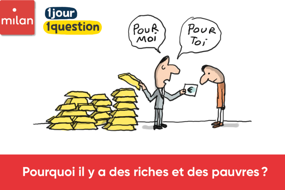 Illustration montrant deux personnes. L'une d'elle est devant untas de lingots d'or. Elle tend un simple billet de banque à l'autre.