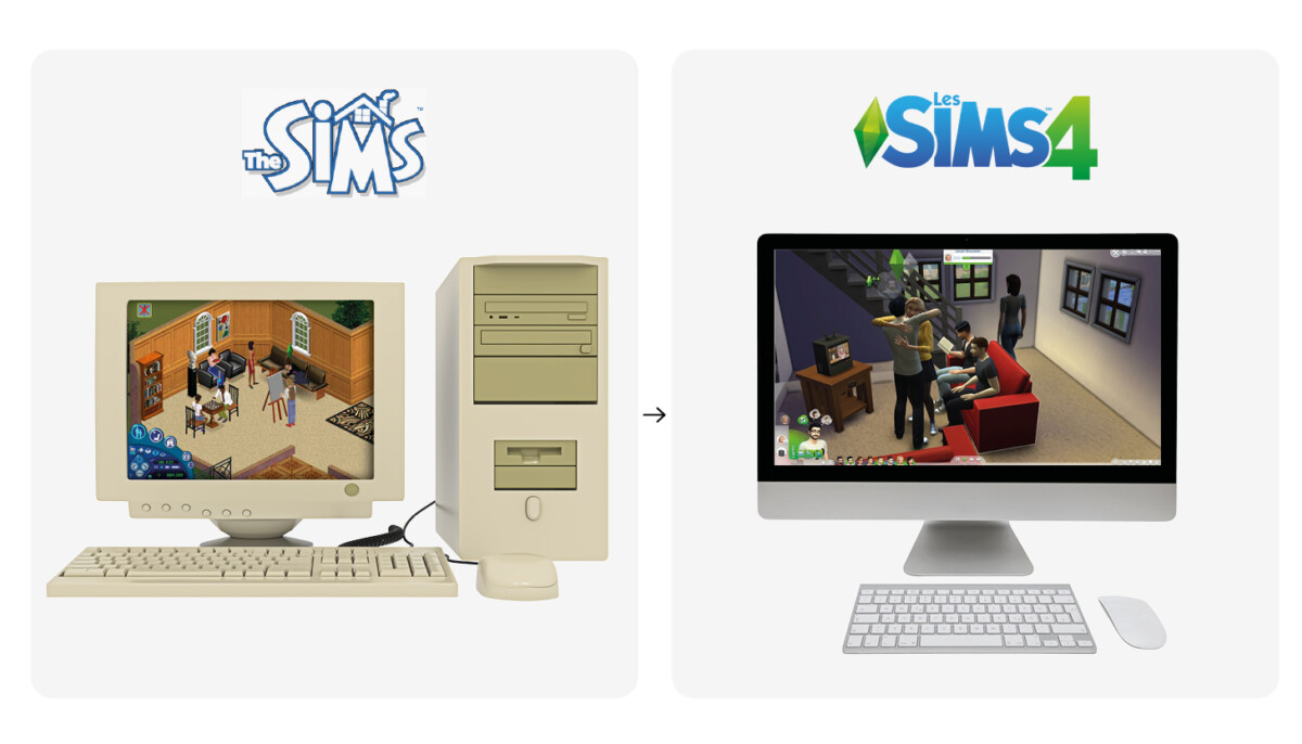 Montage montrant à gauche un vieil ordinateur avec la 1ère version des Sims et à drot un ordi moderne avec les Sims 4