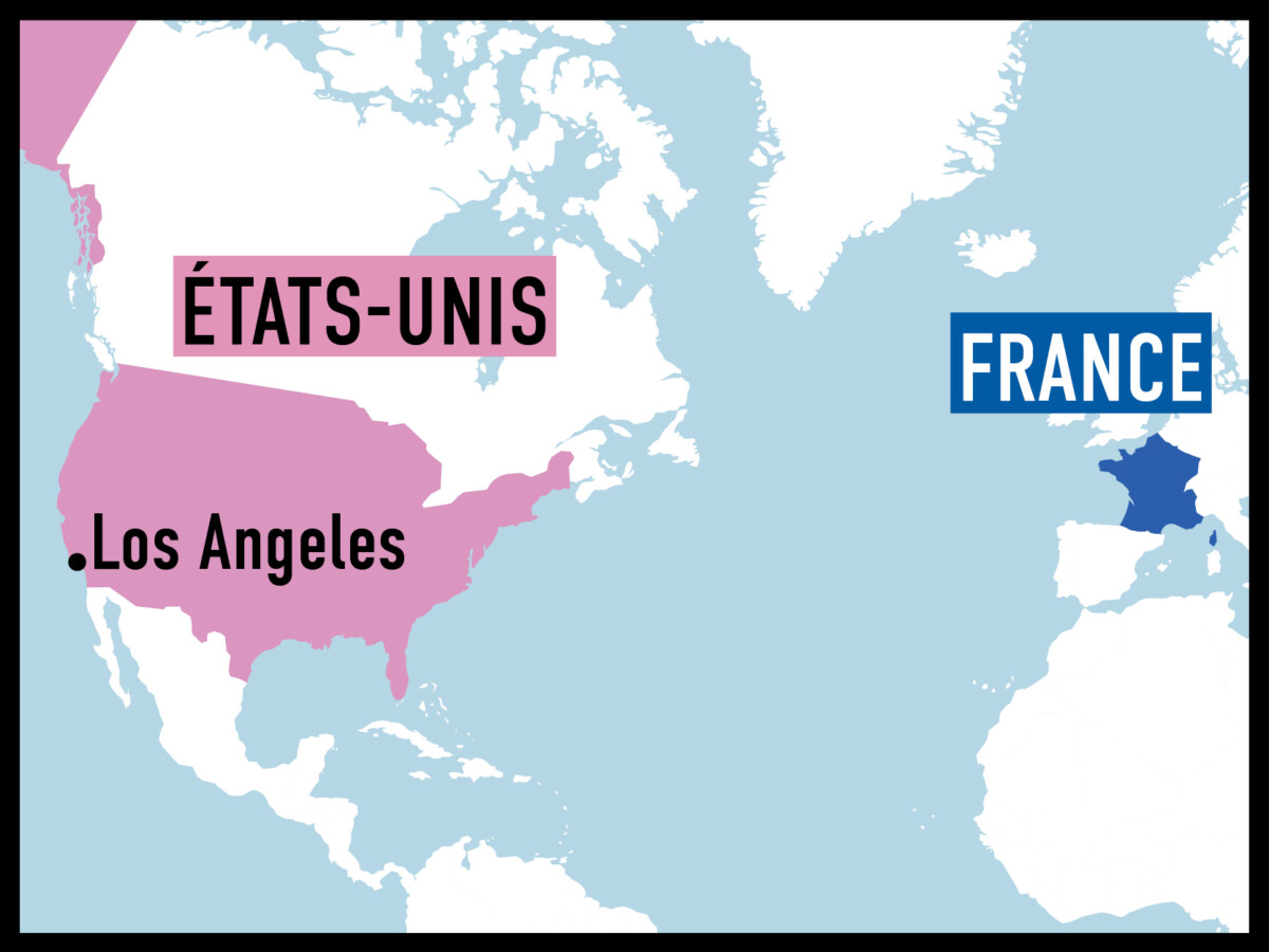 carte montrant Los Angelès, les États-Unis et la France