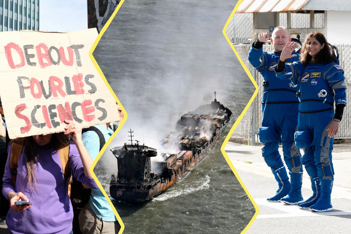 ImaGe composée de 3 photos. À gauche : une pancarte dressée lors d'une manifestation pour la défense des sciences. Dessus, il est écrit : debout pour les sciences. Au centre : photo du cargo fumant. À droite : photo des 2 astronautes saluant avant de partir en direction de l'ISS)