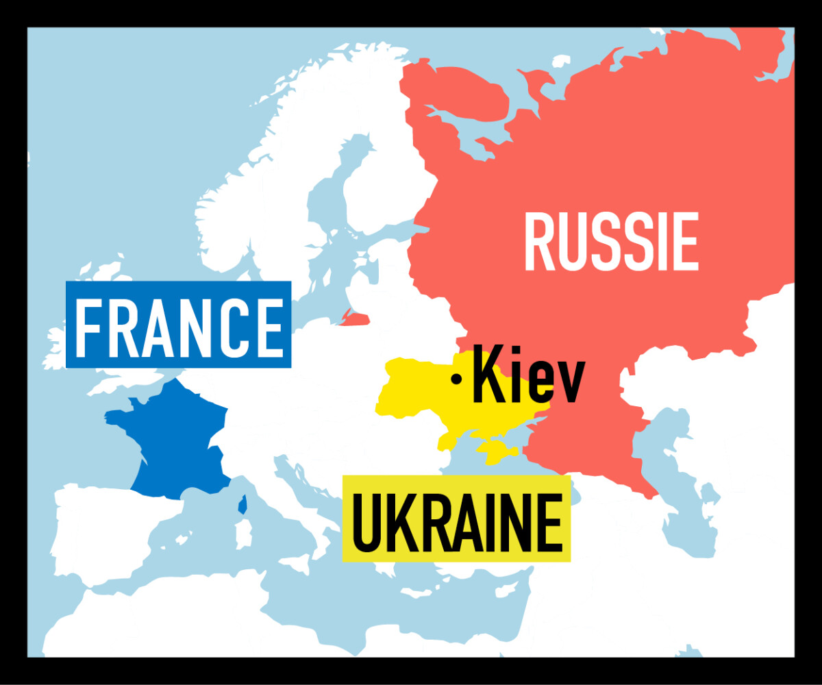 Carte représentant la France en bleu, l'Ukraine en jaune et la Russie en rouge. Montrant les distinction géographique entre les pays. 